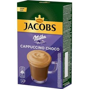 JACOBS Cappuccino Chocolade 3in1 Oploskoffie met Milka Chocolade Smaak Sticks -15.8gram Enkele Porties Verse Voorraad Groothandel Rijke & Sterke Koffie – Pak van 5 dozen met elk 8 Sticks