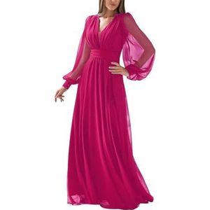 Damesjurken met lange mouwen, V-hals, formele jurk, geplooide chiffon A-lijn avondfeestjurken, Fuchsia, 44