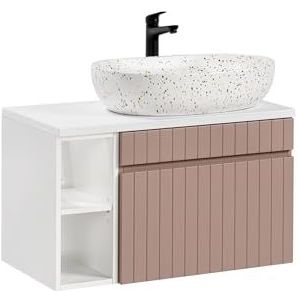 Muebles Slavic Wandgemonteerde badkamerkast met aanrecht wastafel lade planken roze 80 cm, moderne badkamermeubel unit