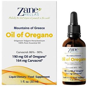 Zane Hellas 100% Undiluted Oregano Oil. Pure Greek Essential Oil of Oregano .86% Min Carvacrol. 164 mg Carvacrol Per Serving. Probably the Best Oregano Oil in The World. 1 fl. oz.- 30ml.