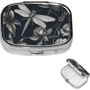 Pillendoos Zwarte Bloemen en Libelle Vierkante Pillenhoes voor Portemonnee & Pocket 2 Compartiment Geneeskunde Pil Organizer Draagbare Reizen Pillendoos Geneeskunde Vitamine Kabeljauw Leverolie