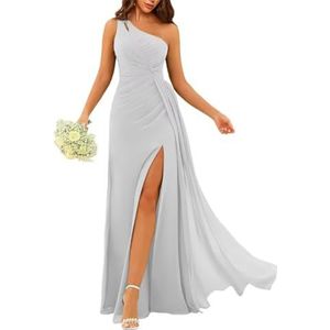 Dames chiffon bruidsmeisjes jurken met split lange galajurken ruches cocktailjurk plus size, Wit, 32