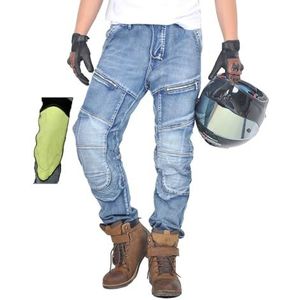 oFzimTo Motorbroek voor dames en heren, aramide stof, stretch jeansbroek voor heren/dames, motorbroek met beschermers, blauw, L