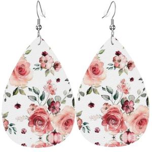 Bloeiende Rose Bloemen Drop-vormige Lederen Oorbellen, Vrouwen Mode Accessoires,Valentijnsdag Essential, Eén maat, Leer Pu