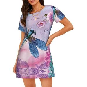 GXUNGT Roze bloemen en blauwe libelle print dames zomer gewaad, korte mouwen nachtkleding, zacht en comfortabel, voor thuis en buiten, Zwart, S