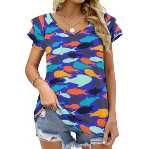 Bonte vis patroon grafische blouse top voor vrouwen V-hals tuniek top korte mouw volant T-shirt grappig