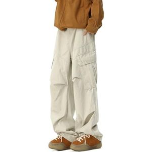OHERUWKLS Heren Trendy Veelzijdige Mode Losse Rechte Knoopsluiting Multi Pocket Cargo Broek,Wit,3XL