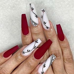 Coffin False Nails Flower Press on Nails Long Fake Nails Ballerina Acrylic Stick on Nails 24pcs for Women and Girls