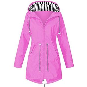 Regenjas voor dames, lange winterjas, jas, outdoor, windbreaker, winddicht, waterdicht, jas met capuchon, ademend, herfst, overgangsjas voor wandelen, reizen, trekking en fiets, roze, 3XL, Casual