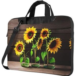 SSIMOO Drie zonnebloemen op houten stijlvolle en lichtgewicht laptop messenger bag, handtas, aktetas, perfect voor zakenreizen, Drie zonnebloemen op hout1, 15.6 inch