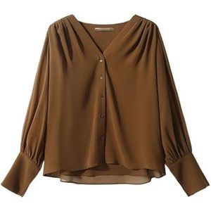 ROUZIHU Werkplek Lichtgewicht Retro V-hals Dubbellaags Shirt Chiffon Lange mouwen Casual Shirt(Argento,XXL)