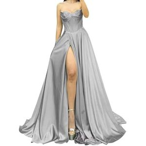 Satijnen bruidsmeisjesjurk voor dames, met split, galajurken, plooien, cocktailjurk, grote maten, Zilver, 34