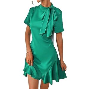 jurken voor dames Elegante groene jurk met gestrikte hals en ruches aan de zoom - een lijnjurk met korte mouwen en opstaande kraag (Color : Gr�n, Size : XL)