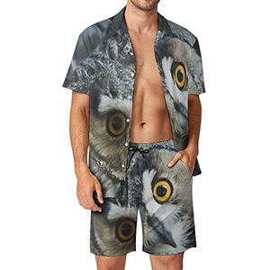 Yellow Eyed Eagle Owl Hawaiiaanse bijpassende set 2-delige outfits button down shirts en shorts voor strandvakantie