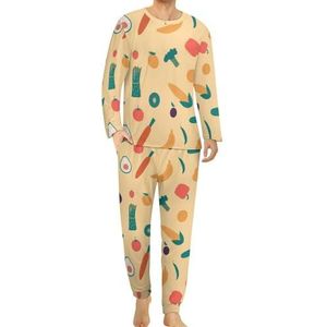 Groenten en fruit patroon comfortabele heren pyjama set ronde hals lange mouwen loungewear met zakken L