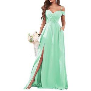 Dames chiffon bruidsmeisjes jurken met split lange galajurken ruches cocktailjurk plus size, mintgroen, 32