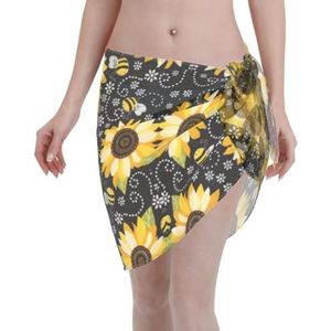 Zonnebloem Bijen Print Elegante Strand Wrap, Bikini Cover Up, Badmode Jurk voor Vrouwen, Perfect voor Zwembad en Resort Zwart, Zwart, one size