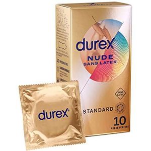 Durex Nude Latexvrij, 10 extra gesmeerde condooms, standaardmaat, geschikt voor mensen met een latexallergie