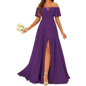 Prinses Bruidsmeisje Jurken Off Shoulder Prom Jurken Plooien Chiffon Formele Avond Party Maxi Jurk met Split ZMK196, Paars, 32