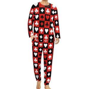 Pokerkaart Schaakbord Rood Zwart Comfortabele Heren Pyjama Set Ronde Hals Lange Mouw Loungewear met Zakken M