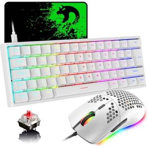 MAGIC-REFINER 60% gaming toetsenbord en muis combo, RGB-mechanisch toetsenbord, lichtgewicht gamingmuis, 62 toetsen USB C-draadmuizen 12000 DPI voor Win/Mac/PC, UK-lay-out (wit/rode schakelaar)