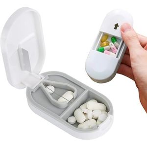 2-in-1 Kleine pillensnijder met dispenser, draagbare snijmachine voor kleine tabletten met roestvrijstalen mes, snijdt tabletten, vitaminen, tabletten (wit)