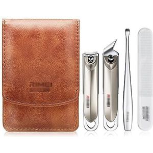 Manicureset, nagelknipperset, Set van 4 veelkleurige nagelknippers met leren etui roestvrij staal(Bruin)