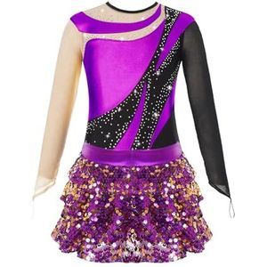 NUOYIXUAN Gymnastiekpak met lange mouwen voor meisjes met glanzende pailletten, shorts met rok, artistieke overall voor jongeren, balletdansdanskleding (paars, 6)