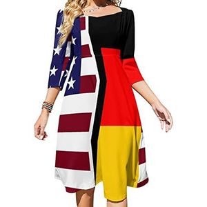 Verenigde Staten en Duitsland vlaggen vrouwen lange mouw swing jurk schattige stropdas terug A-lijn mini zonnejurk