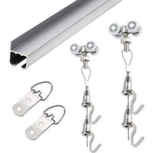 Picture Rail Ophangsysteem - Zilver, Innovatief Picture Hanging Track en Foto Display Rail voor openbare ruimte, gipsplaten fotohanger stokken zwaar met katrollen (1,5 m rail,1 m snoer)