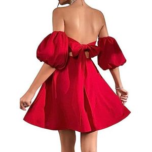 jurken voor dames Off-shoulder gestrikte rugloze jurk met pofmouwen (Color : Burgundy, Size : X-Small)