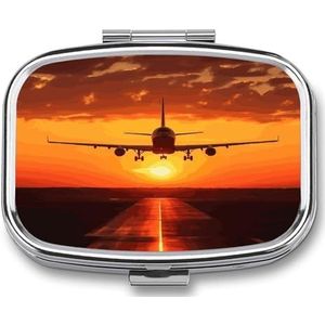 Vliegtuig Zonsondergang Pillendoos Pil Organizer Pil Case 2 Compartiment Geneeskunde Pil Organizer Kleine Pil Case Pil Container Pillenhouder Leuke Pillendoos Mini Pillendoosje