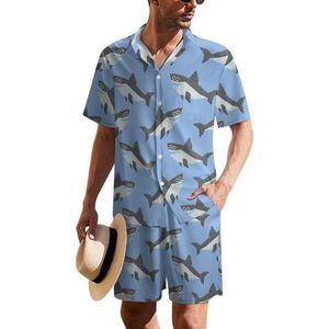 Leuke haaien Hawaiiaanse pak voor heren, set van 2 stuks, strandoutfit, shirt en korte broek, bijpassende set