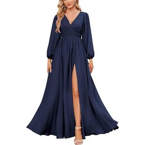 KURFACE Bruidsmeisjesjurken met lange mouwen en split geplooide chiffon formele jurk met mouwen formele jurk, Donkerblauw, 32