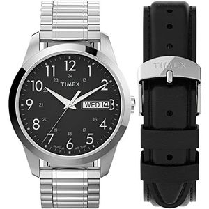 Timex Heren South Street Sport 36 mm horlogebox set - zilverkleurige kast zwarte wijzerplaat met zilverkleurige uitbreidingsband + zwarte lederen band, zilverkleurige/zwarte set, klassiek,