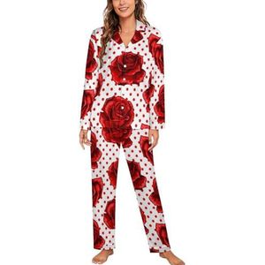Rode Rozen Vrouwen Lange Mouw Button Down Nachtkleding Zachte Nachtkleding Lounge Pyjama Set M