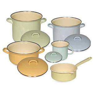 Riess, 0547-006, Emaille set 5st, BUNT/Pastell, 2 kookpotten met chromen rand 18, 22 cm met deksel, 1 steelpan met deksel 20 cm, 1 steelpan 16 cm, 1 steelpan met deksel 14 cm, emaille