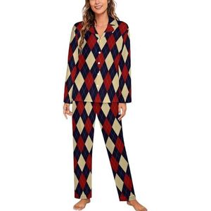 Rood Blauw Diamant Vrouwen Pyjama Sets Tweedelige Button Down Nachtkleding Lange Mouw Top En Broek Loungewear