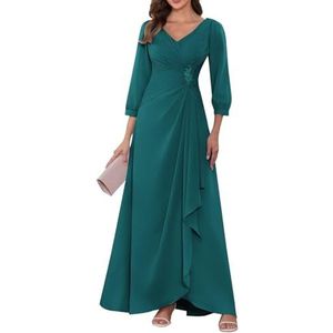 KIYNE Dames lange mouwen moeder van de bruid jurken ruches geplooide chiffon formele jurk avond party jurk, Turkoois, 32