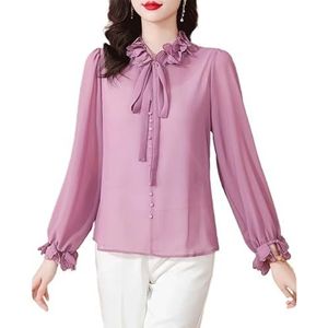 ROUZIHU Lange mouwen Chiffon Shirt Lace Sweet Lace Blouse Modieuze Temperament Losse Top, D, XXL