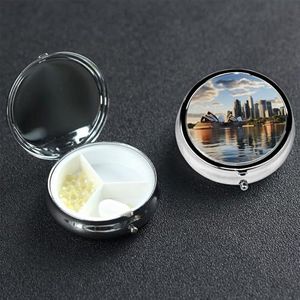 City Sydney Pillendoosje met 3 vakken, rond, draagbaar, voor zak of portemonnee, kleine wekelijkse medicijnplanner, pillendoos met spiegel, decoratieve metalen vitaminehouder, geschenken
