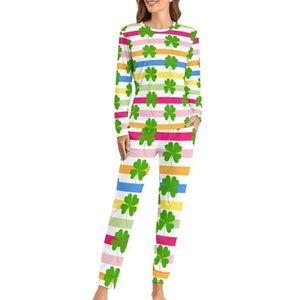 Shamrock Clover Strepen Zachte Dames Pyjama Lange Mouw Warme Fit Pyjama Loungewear Sets met Zakken 6XL