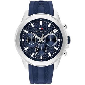 Tommy Hilfiger Lars 1710649 Multifunctioneel horloge voor heren, roestvrij staal, zilverkleurig en blauw silicone, waterdicht 5 ATM, diameter 46 mm, Blauw