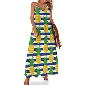 Maxi-jurk voor dames, met ananas, gestreept, V-hals, mouwloos, spaghettibandjes, lange jurk