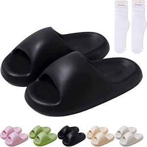 Marshmallow Slides, 2023 EVA Thick Sole Marshmallow Slippers, Cloud Slippers for Women, Non-Slip Shower Slides (7-7.5,Black)