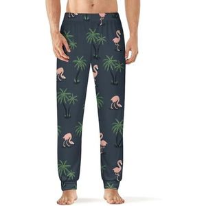 Roze flamingo vogels en palmbomen heren pyjama broek met zakken nachtkleding print zachte lounge Bu-2XL