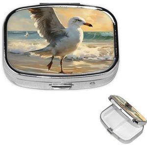 Pillendoos met 2 vakken, kleine pillendoos voor handtas en tas, reispillendoos, schilderij van een zeemeeuw, mooie medicijnorganizer voor vitaminen, visolie