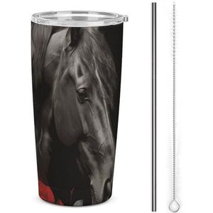AQRJLPM Zwart paard op een achtergrond van rode rozen autobeker roestvrij stalen beker met rietje en deksels lekvrij geïsoleerde roestvrijstalen reiskoffiemok pobtable voor koude warme dranken