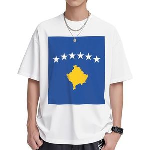 Vlag van Kosovo Print Dames Katoenen T-shirts Casual Korte Mouw Tuniek Tops Ronde hals Zomer Basic Loose Fit Tee, Wit, S