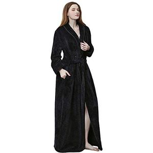 Winterbadjas van coral-fleece voor dames, warme ochtendjas, lang, zacht, pluizig met riemtas, zwart, M